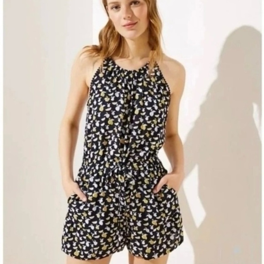 LOFT Lemon Citrus Romper Pom-Pom Edge Tie Waist S